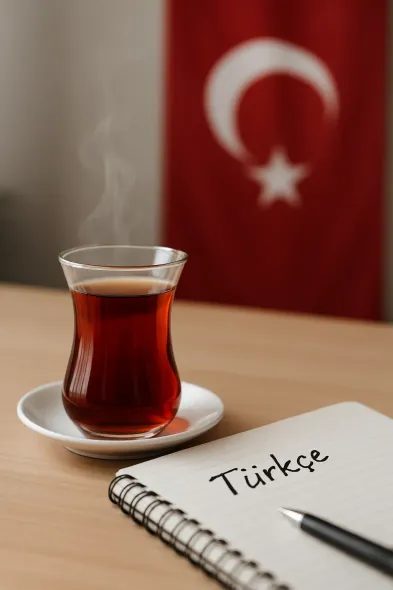 A glass of Turkish tea next to a notebook with Turkish text and a flag of Turkey in the background.