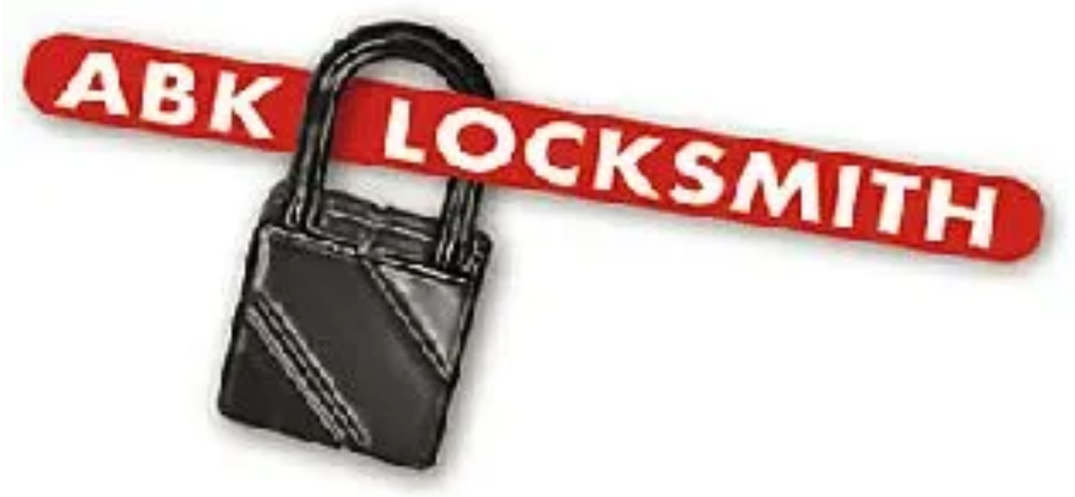 A logo for abk locksmith with a padlock on a white background.