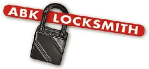 A logo for abk locksmith with a padlock on a white background.