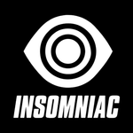 A black and white logo for insomniac with an eye in the middle