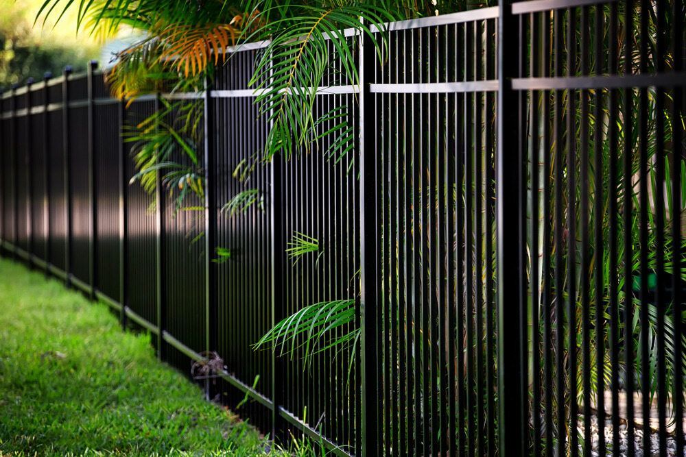 A Black Metal Fence Surrounds a Lush Green Yard — We Do Fencing in Sunshine Acres, QLD