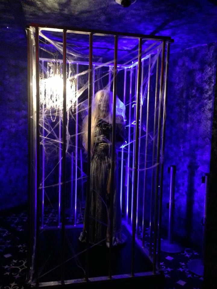 A woman in a long dress is standing in a cage.