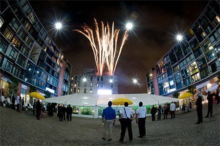 A group of people standing in front of a fireworks display