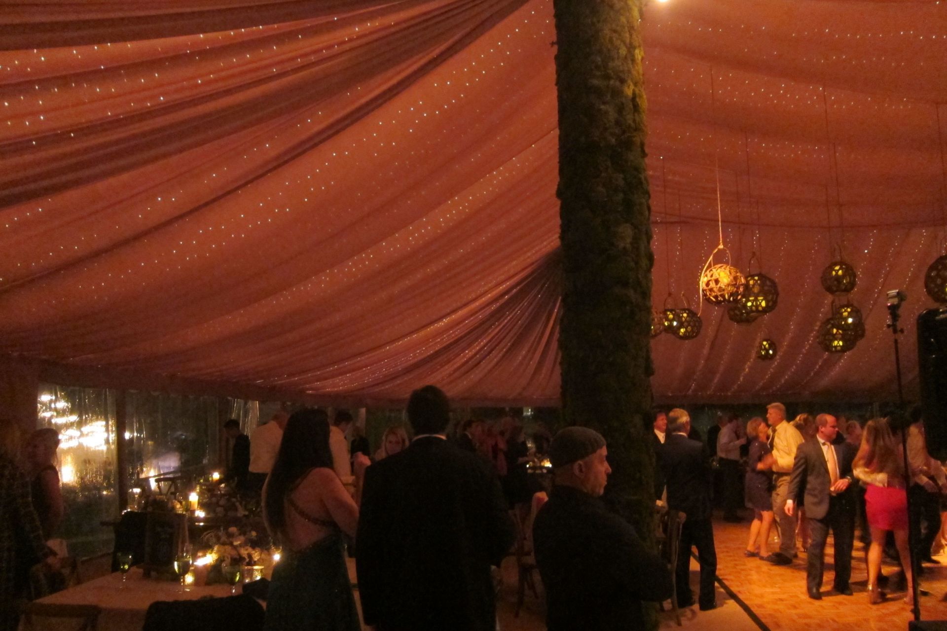 A group of people are dancing under a tent at a party.