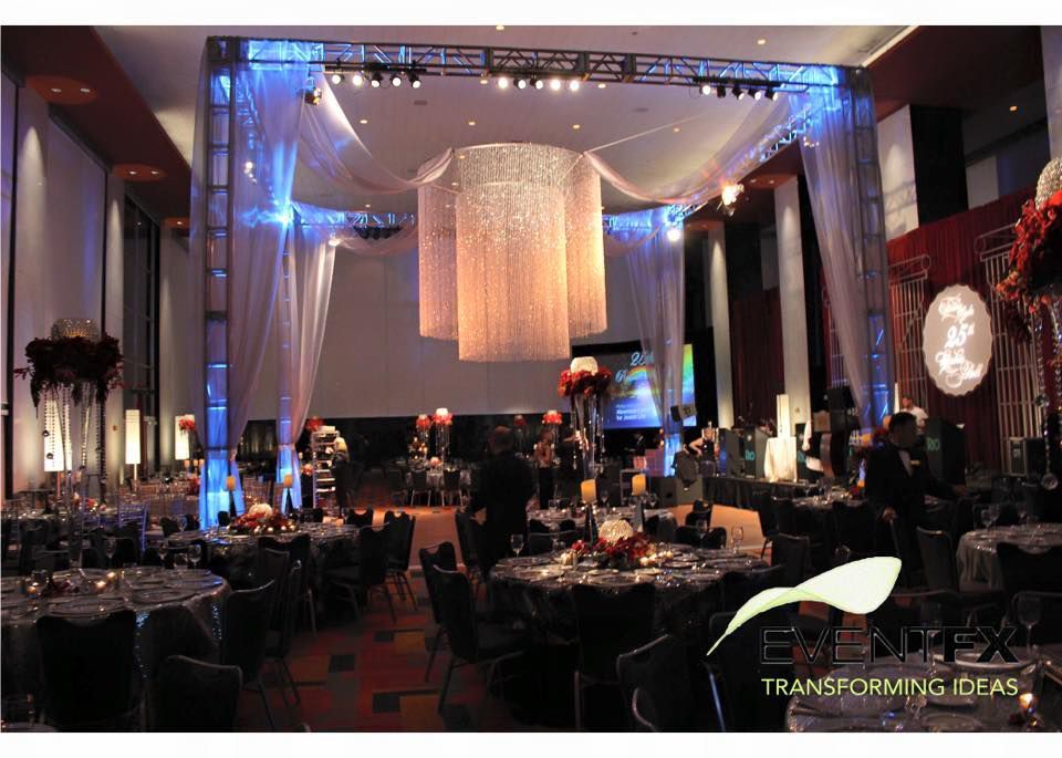 A large room filled with tables and chairs with a sign that says transforming ideas
