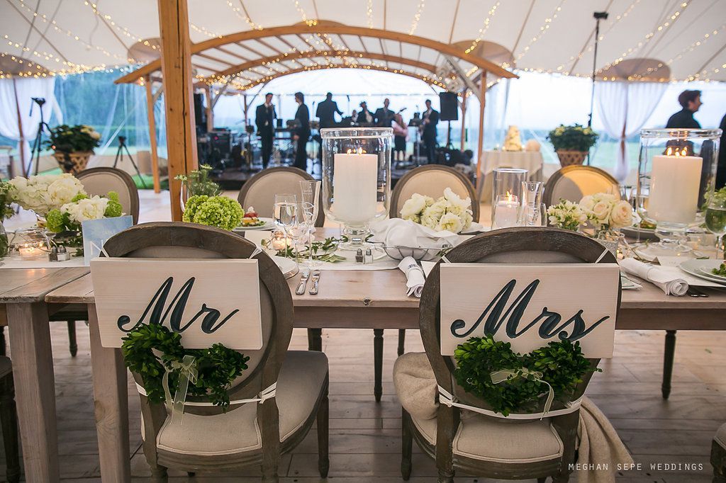 A table with a mr. and mrs. sign on the back of the chairs.
