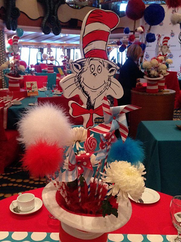 A cat in the hat centerpiece on a table