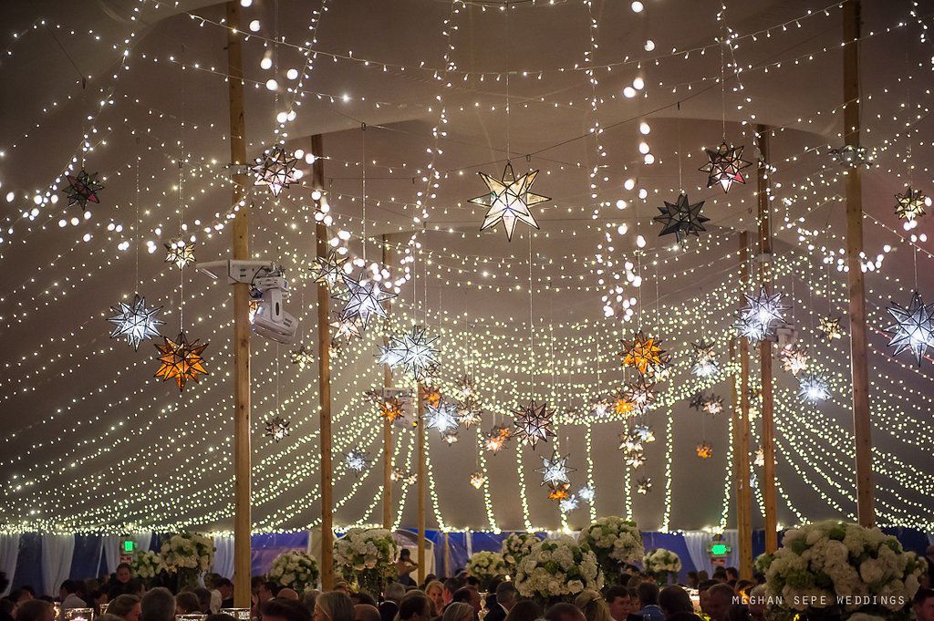 A large tent with lots of lights hanging from the ceiling.