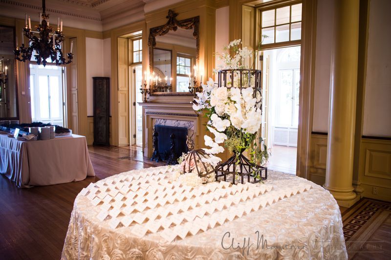 A table with a lot of name cards on it