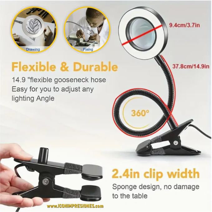 Lámpara de Escritorio LED con Lupa de Aumento 5X - 3 Modos de Color, 10 Niveles de Brillo, Manos Libres, Alimentada por USB