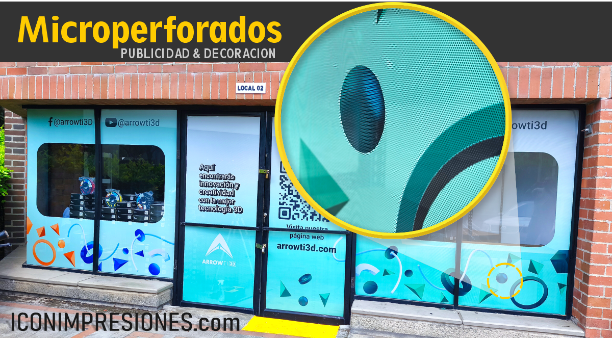Impresión e instalación de vinilos adhesivos microperforados, ideales para publicidad en ventanas de locales comerciales, sin perder visibilidad de adentro hacia afuera.