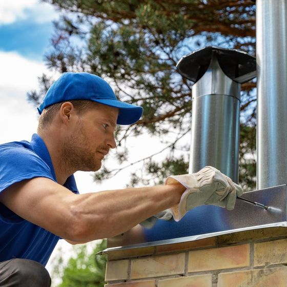 A man is working on a chimney on the roof of a house.