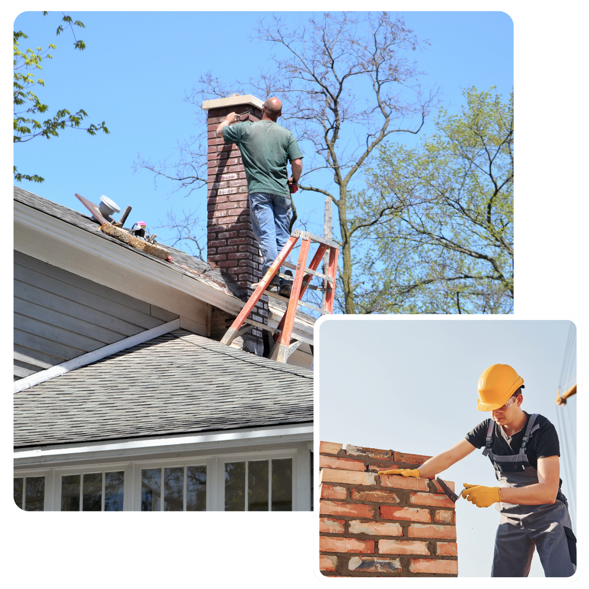 A person is working on a chimney on top of a roof.