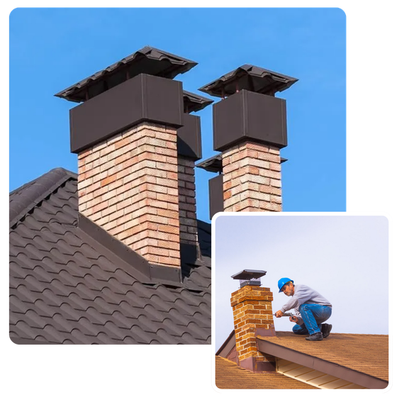 A man is working on a chimney on the roof of a house.