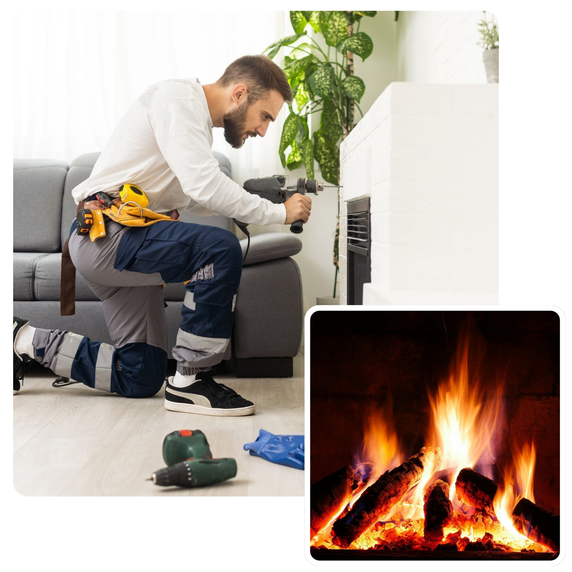 A man is fixing a fireplace in a living room.