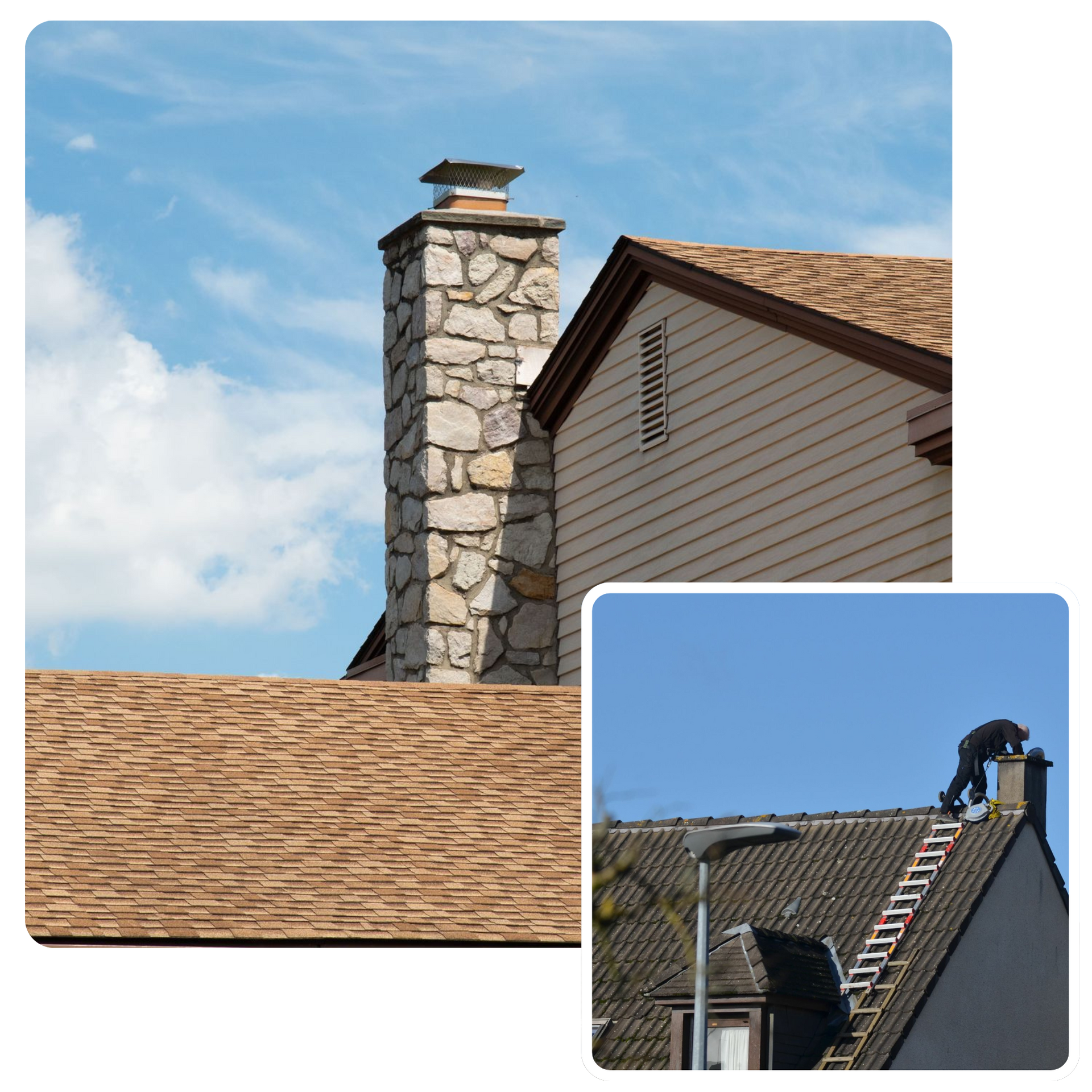 A picture of a chimney and a picture of a person on a ladder on a roof