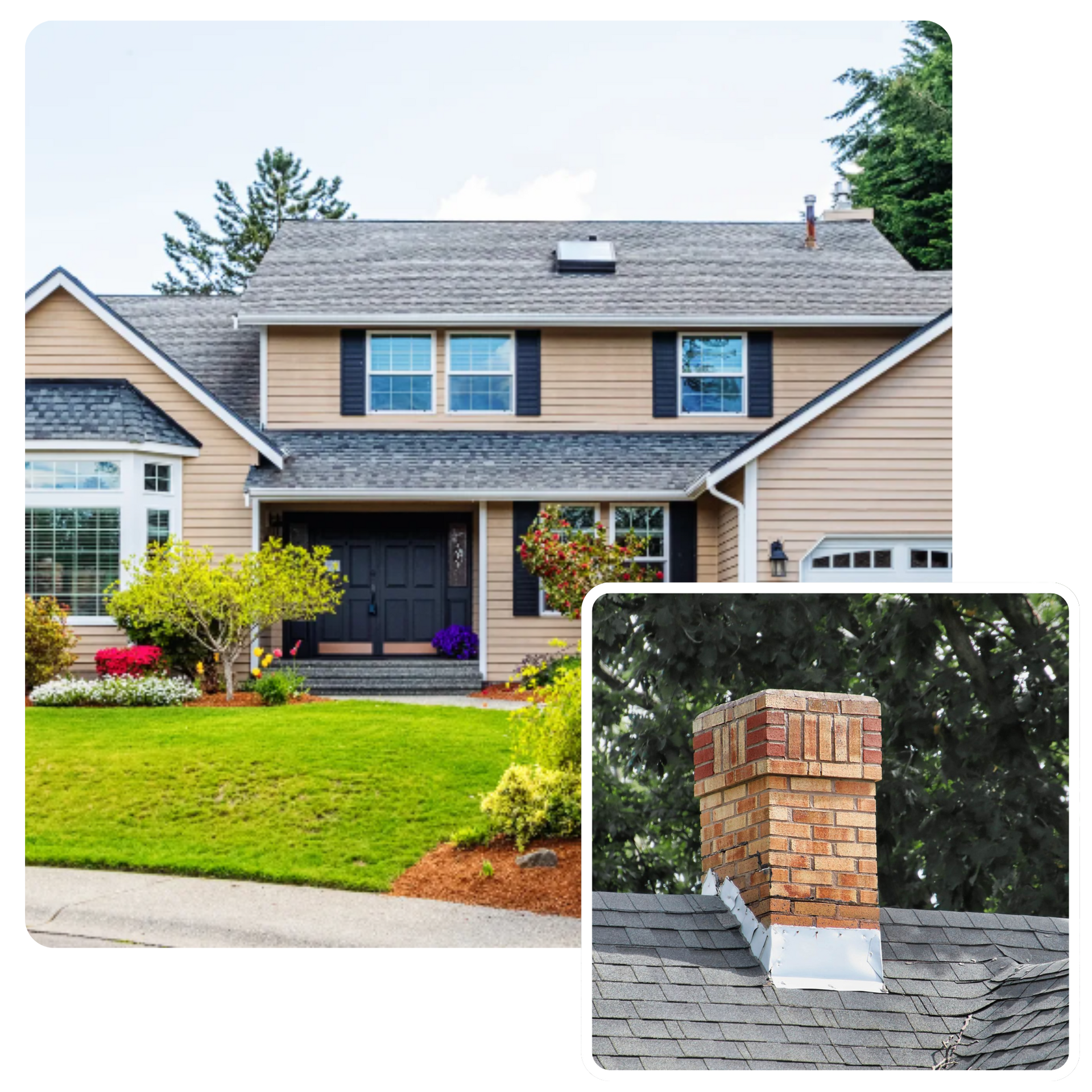 A picture of a house and a picture of a chimney on the roof.