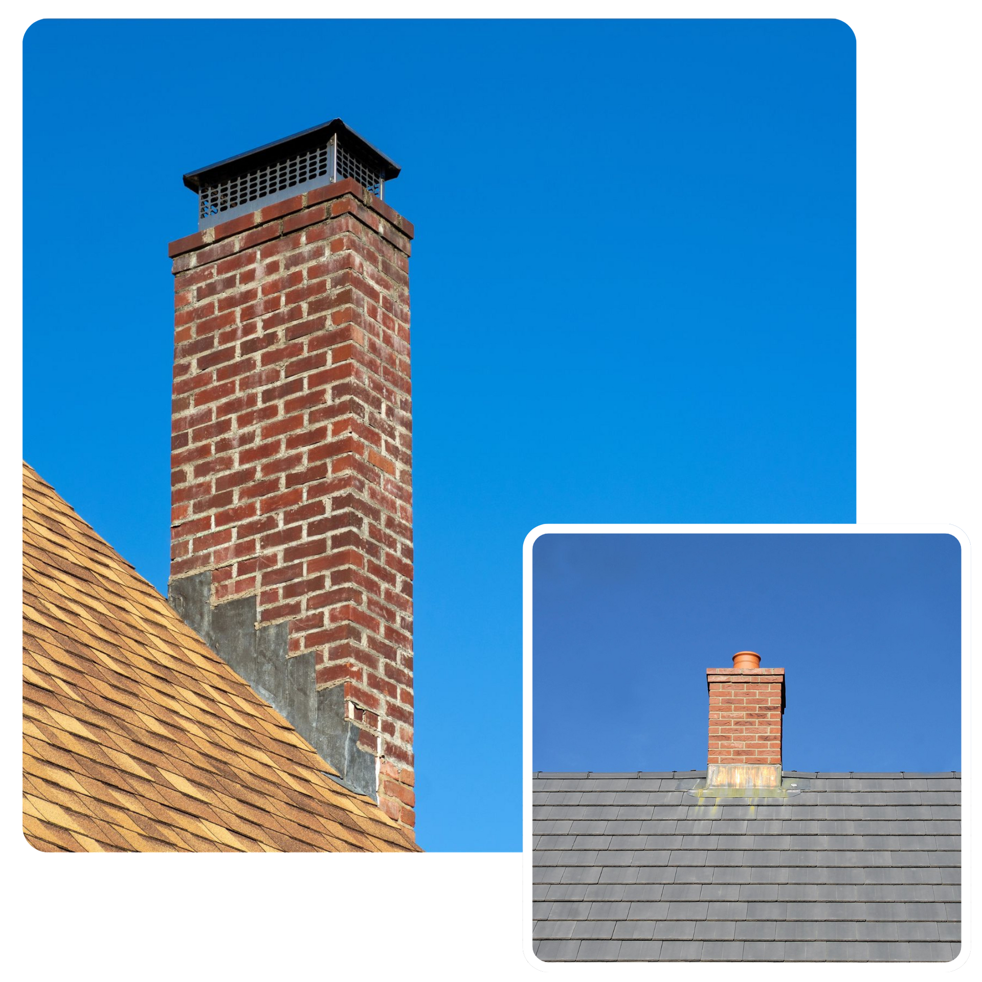 A brick chimney on top of a roof with a blue sky in the background