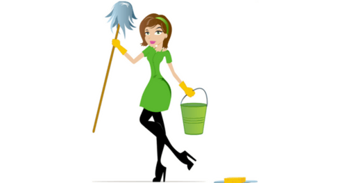 Graphic of a woman holding a bucket and a mop
