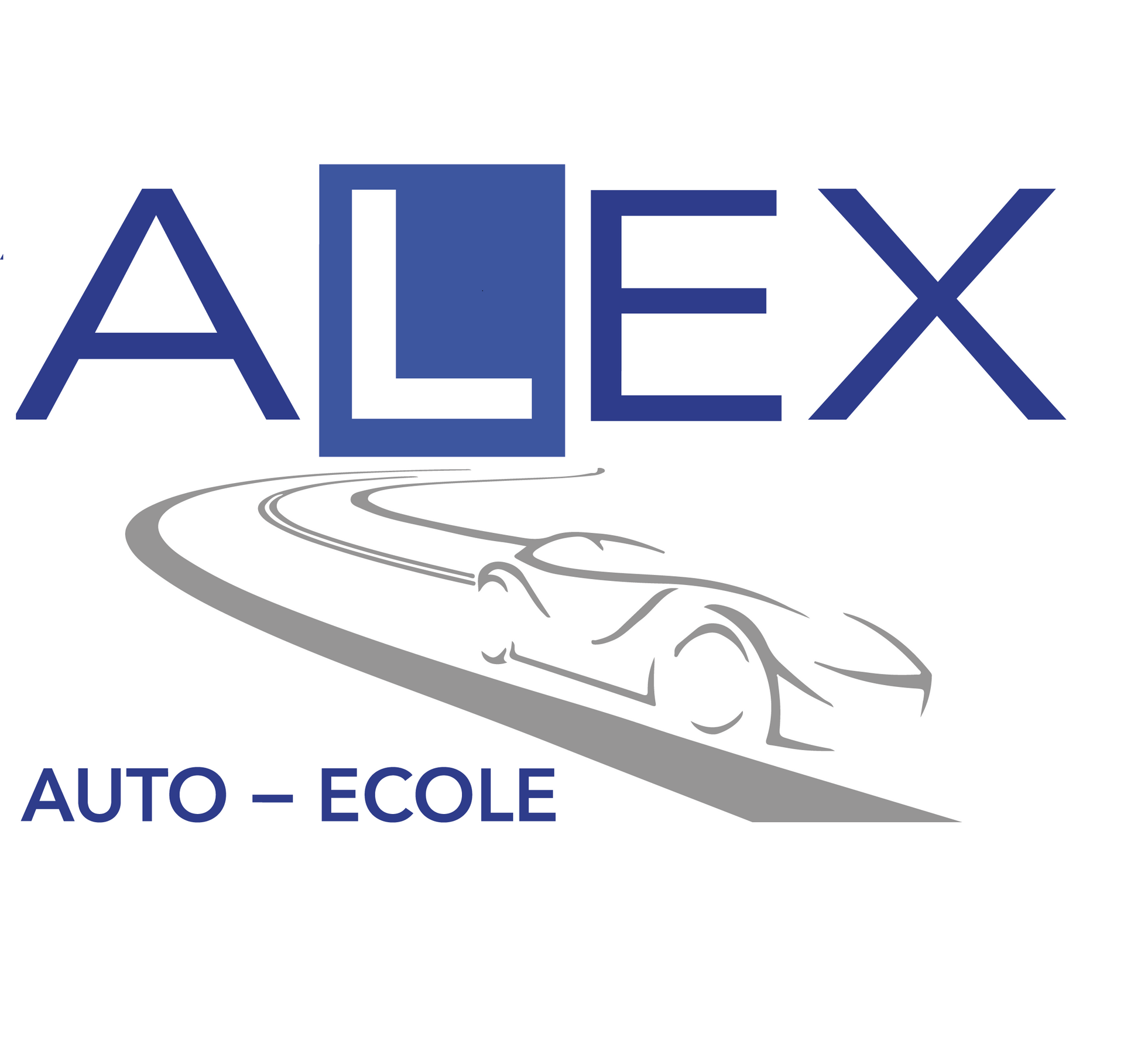 Un logo pour alex auto - ecole avec une voiture sur la route