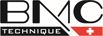 Le logo de bmc technique est noir et rouge avec une croix suisse.