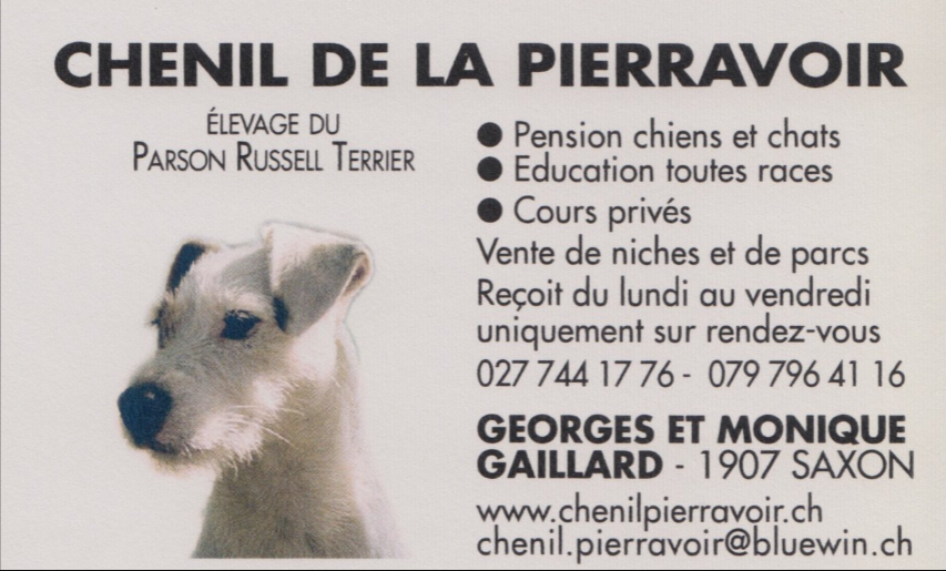 Une carte de visite pour chenil de la pierravouir montre un chien blanc
