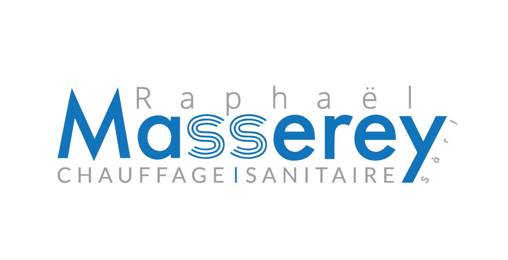 The logo for raphaël masserey chauffage sanitaire is blue and white.