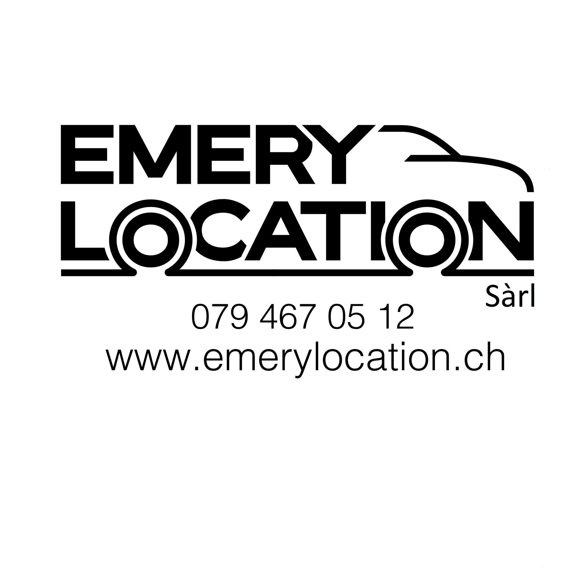 Le logo d'Emery Location est noir et blanc et comporte une voiture dessus.