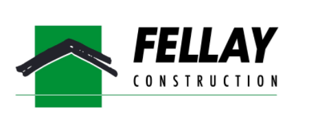 Un logo de construction Fellay avec un carré vert et un toit noir