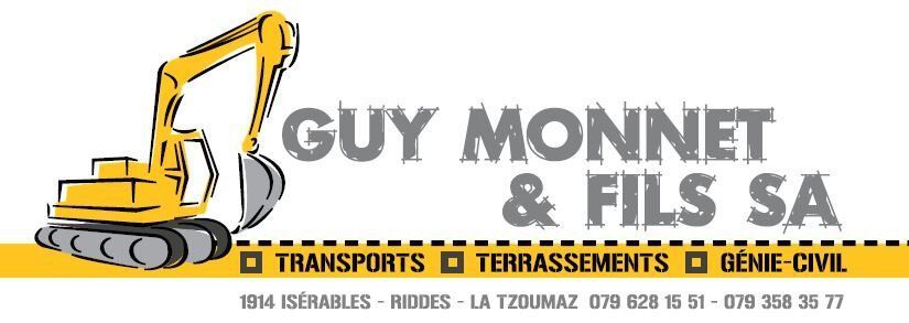 Le logo de guy monnet & fils sa montre une excavatrice jaune