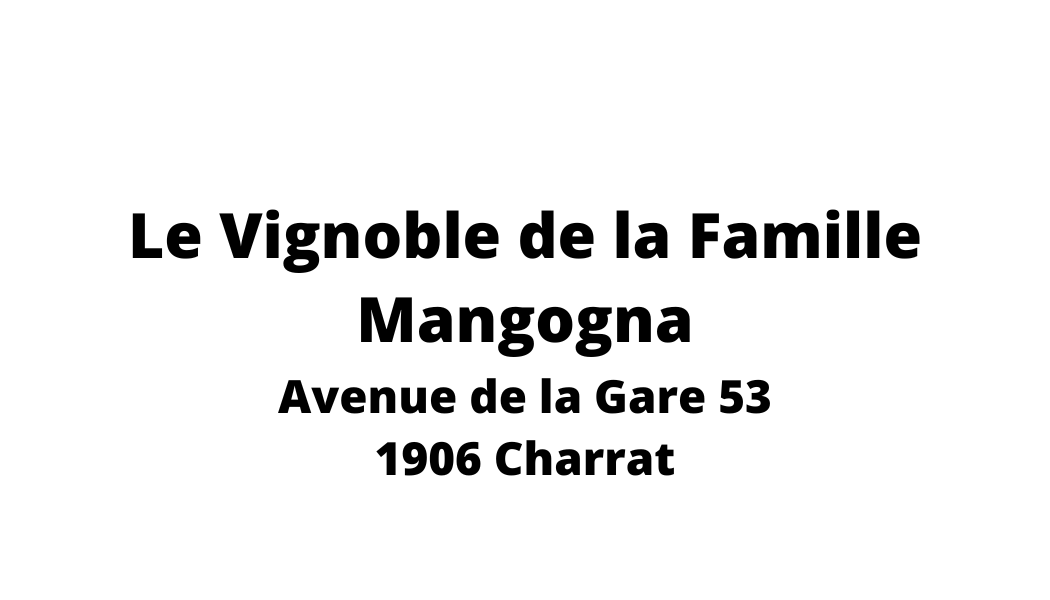 A black and white logo for le vignoble de la famille mangogna avenue de la gare 53 1906 charrat