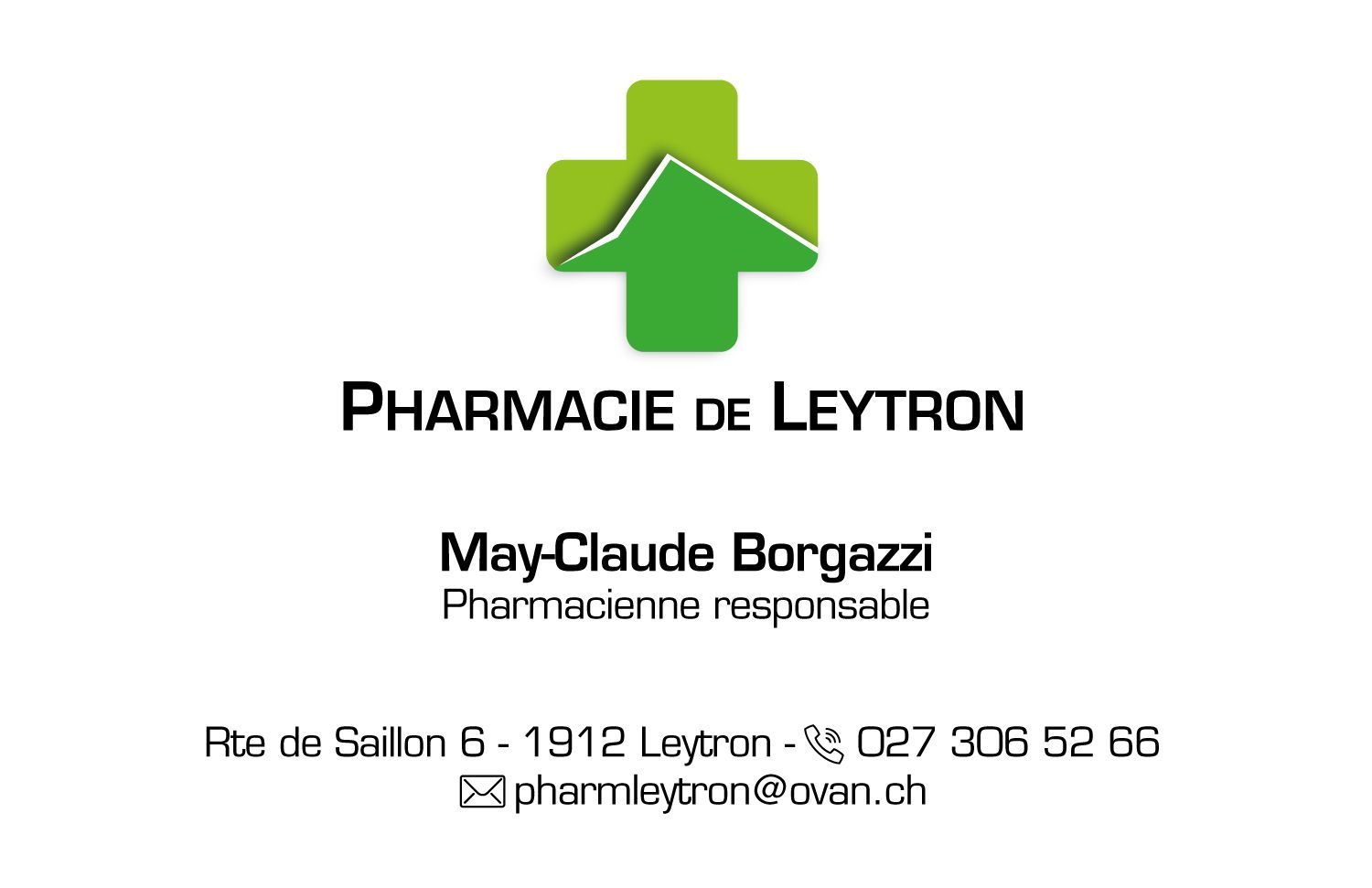 Une carte de visite pour la pharmacie de leytron avec une croix verte dessus