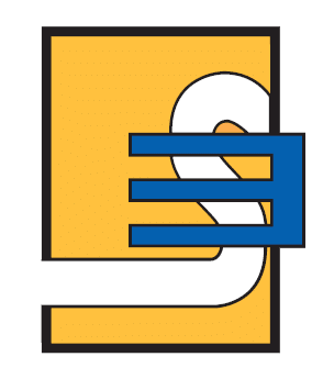 Un carré jaune avec une lettre e bleue à l'intérieur