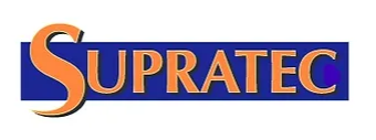 Un logo bleu et orange pour supratec sur fond blanc