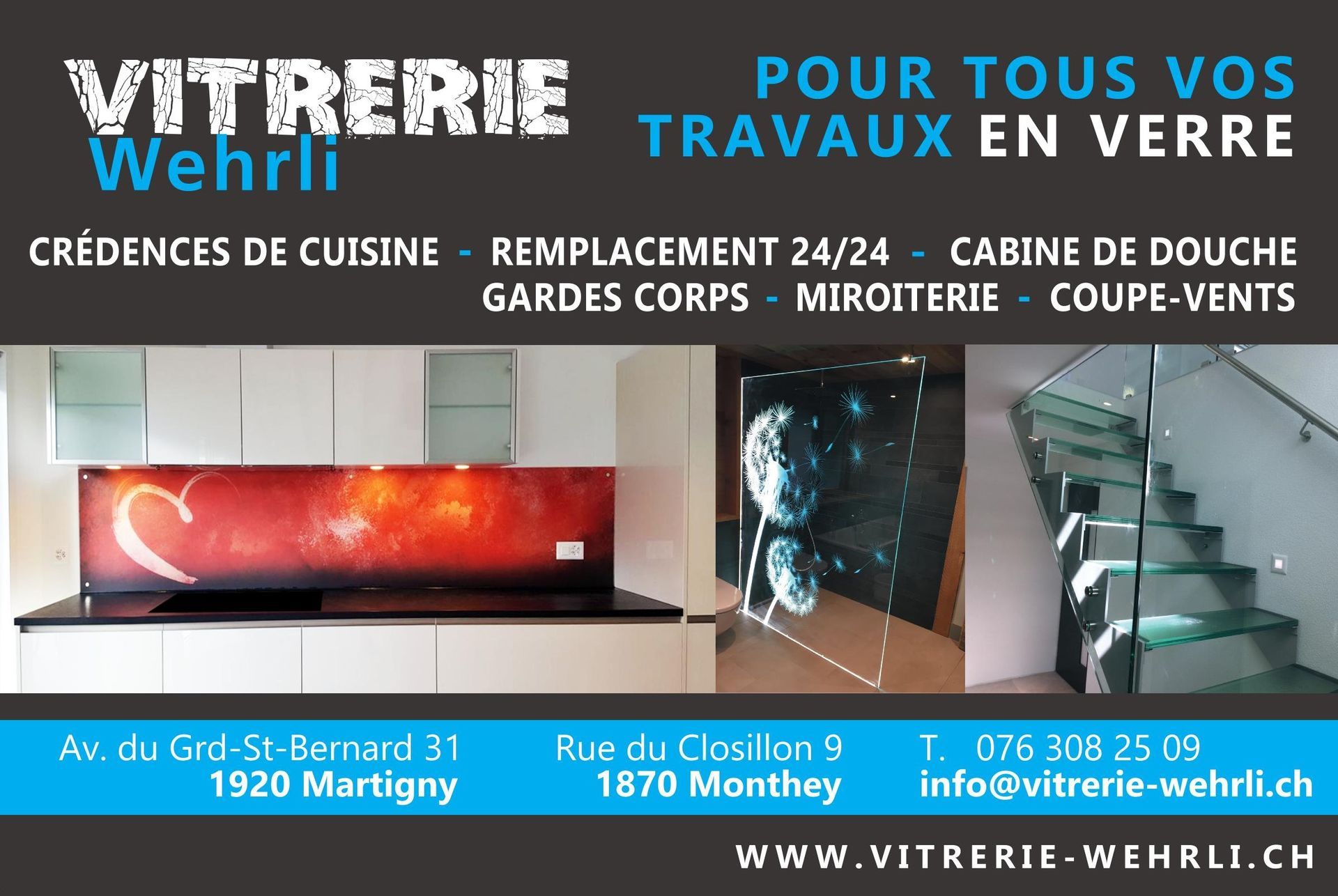 Une publicité pour la vitrerie wehrli montre une cuisine et des escaliers