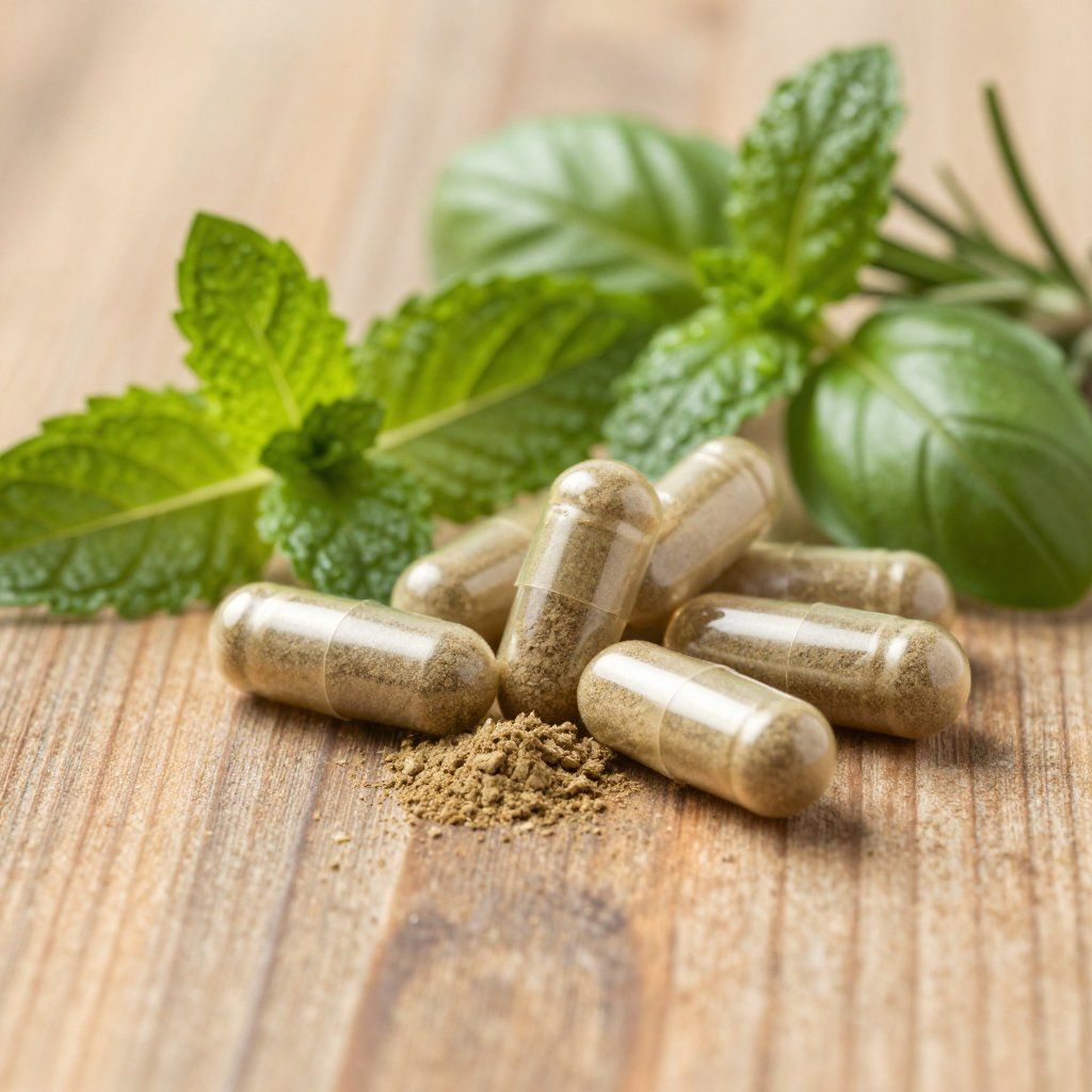 Cápsulas marrones con ramitas de hierbas sobre una superficie de madera.