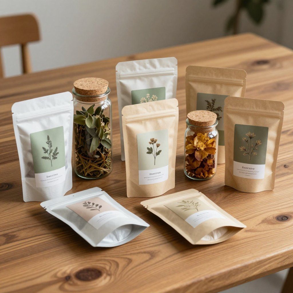 Varias bolsitas y frascos de té de hierbas sobre una mesa de madera.