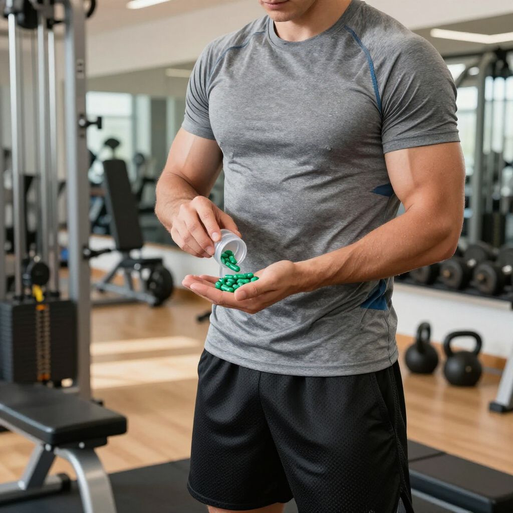 El hombre en el gimnasio vierte cápsulas verdes en la mano.