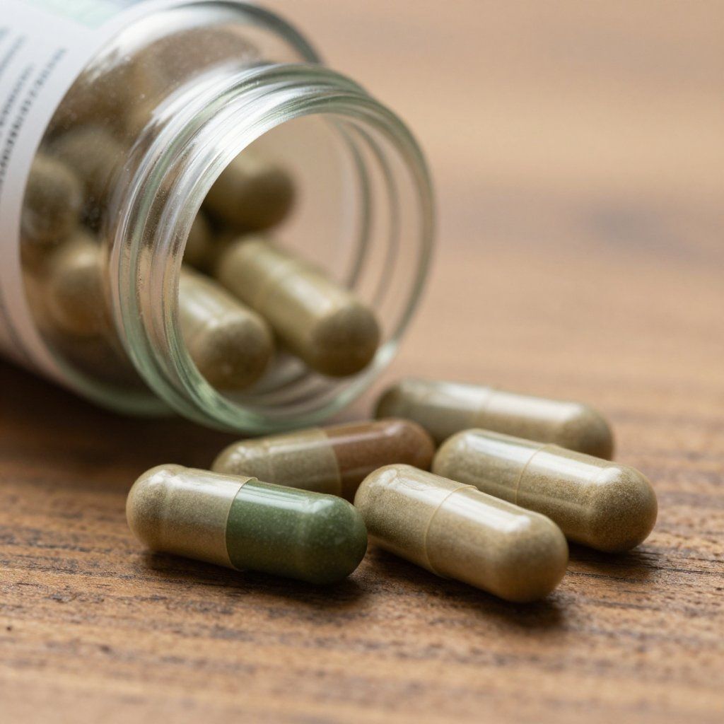 Pastillas derramándose de un frasco de vidrio sobre una superficie de madera. Las cápsulas son de color canela, marrón y verde.