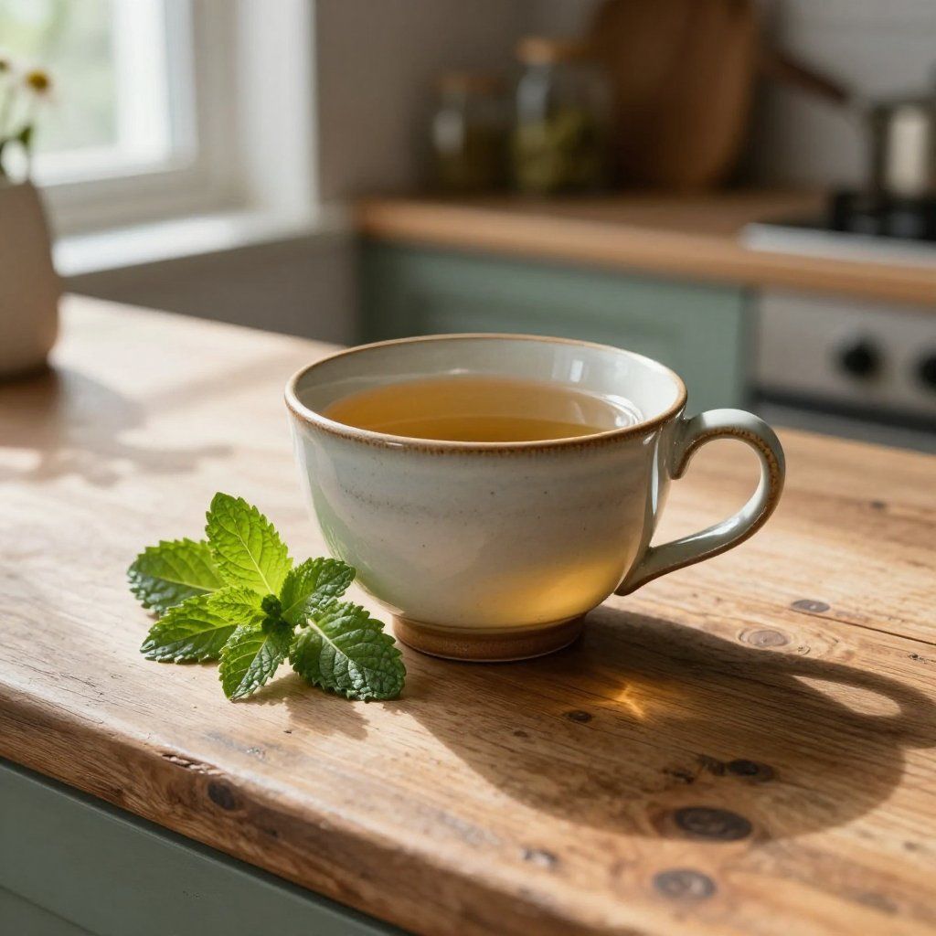 Una taza de té con una ramita de menta sobre una encimera de madera en una cocina.