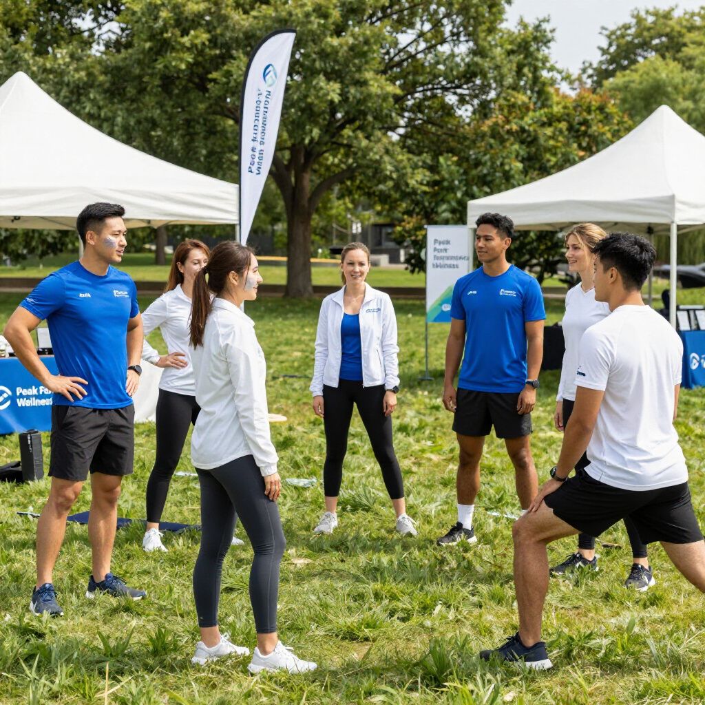 Personas vestidas con ropa deportiva se estiran al aire libre cerca de tiendas de campaña.