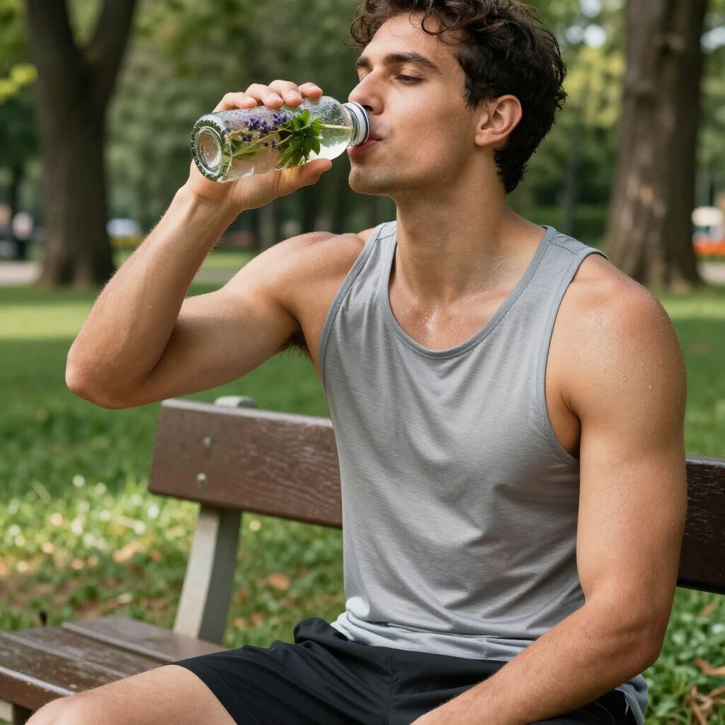 Un hombre bebe de una botella de agua con hierbas mientras está sentado en un banco de un parque.