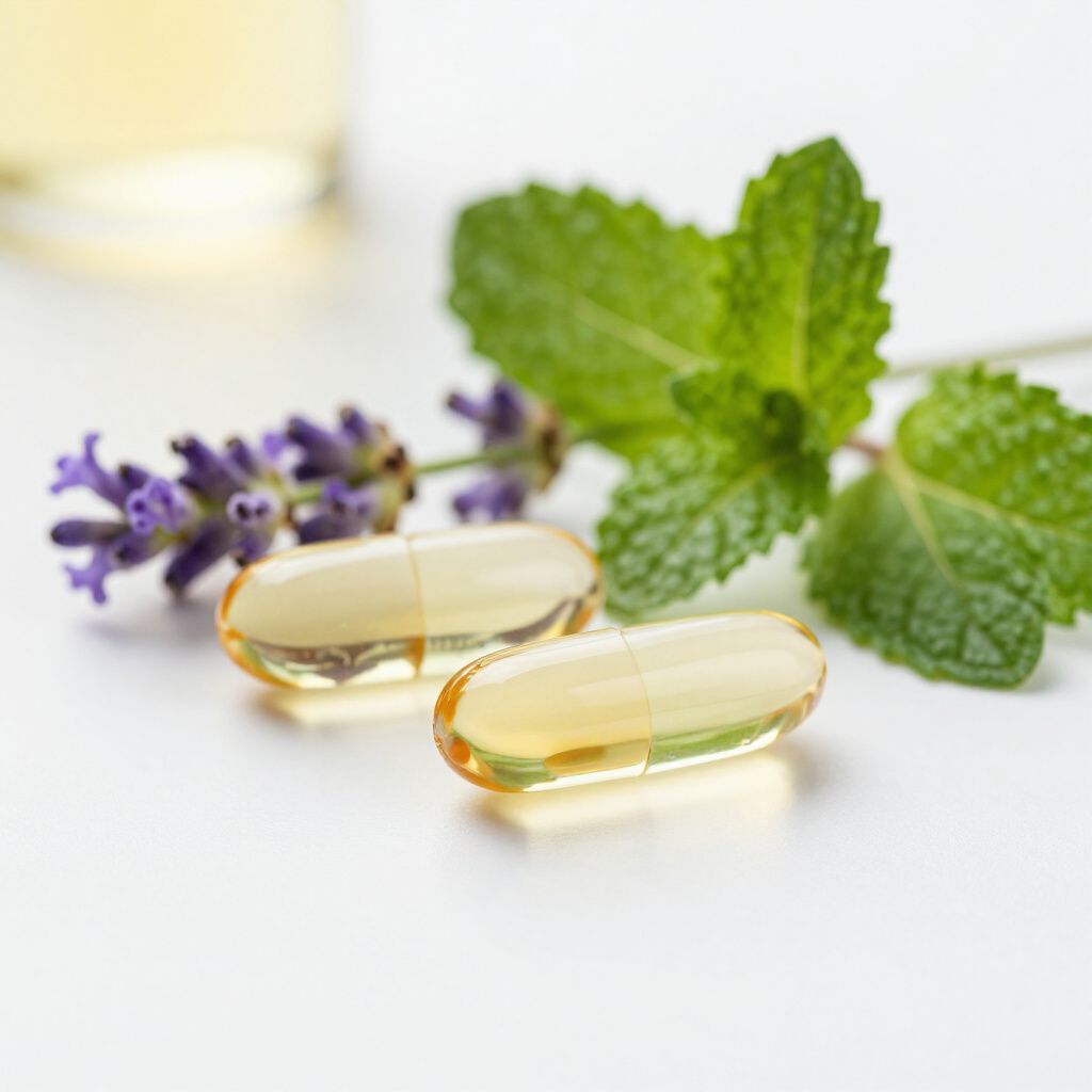 Dos cápsulas amarillas con ramitas de lavanda y menta.