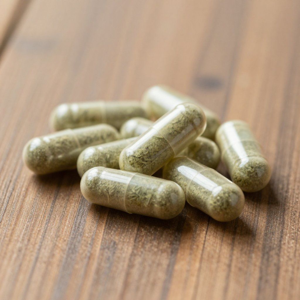 Pila de cápsulas rellenas de color verde sobre una superficie de madera.