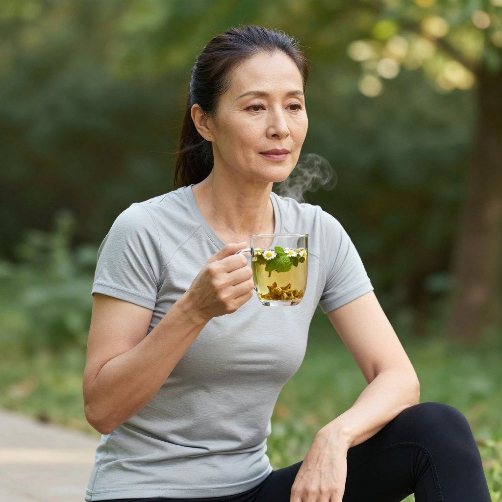 Mujer sentada al aire libre, tomando té. Camisa gris, pantalón negro, vapor alzándose, entorno natural.