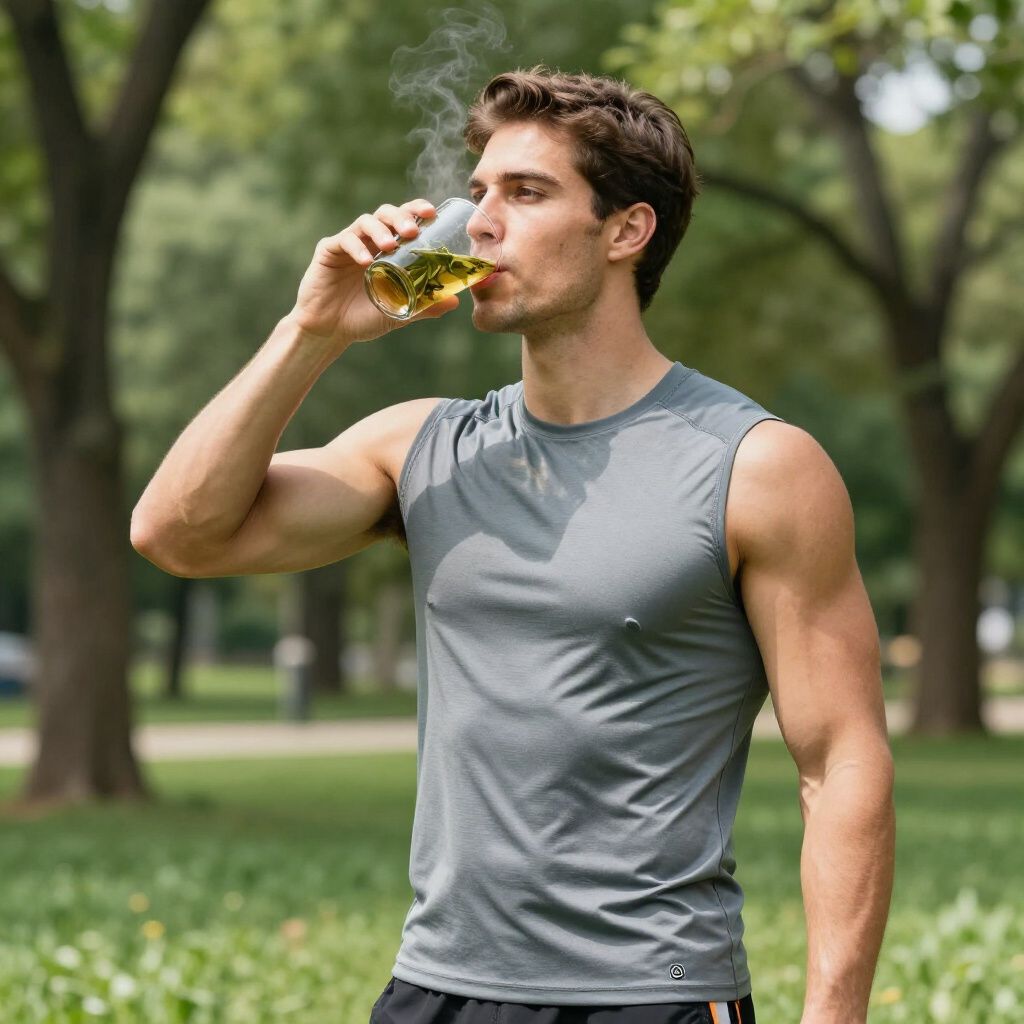 Un hombre bebe de un vaso, mientras sale vapor. Lleva una camiseta gris sin mangas en un parque arbolado.