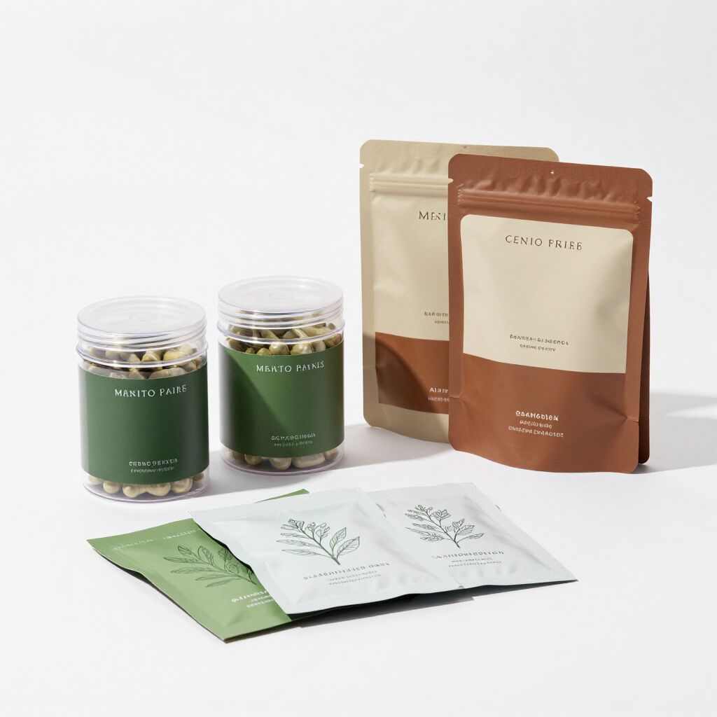 Fotografías de productos de suplementos en varios envases: frascos, bolsas y paquetes sobre una superficie blanca.