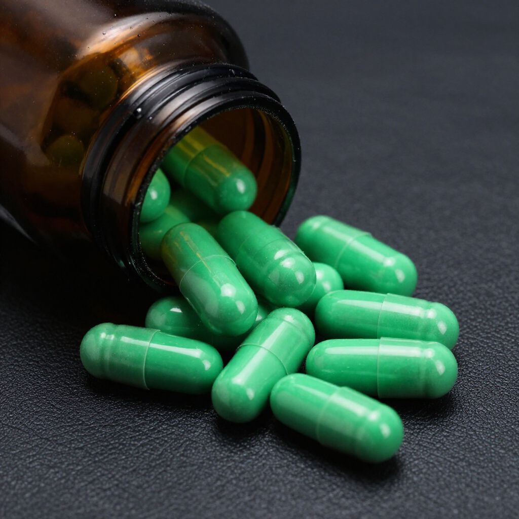 Cápsulas verdes derramándose desde una botella de medicamento marrón sobre una superficie oscura.