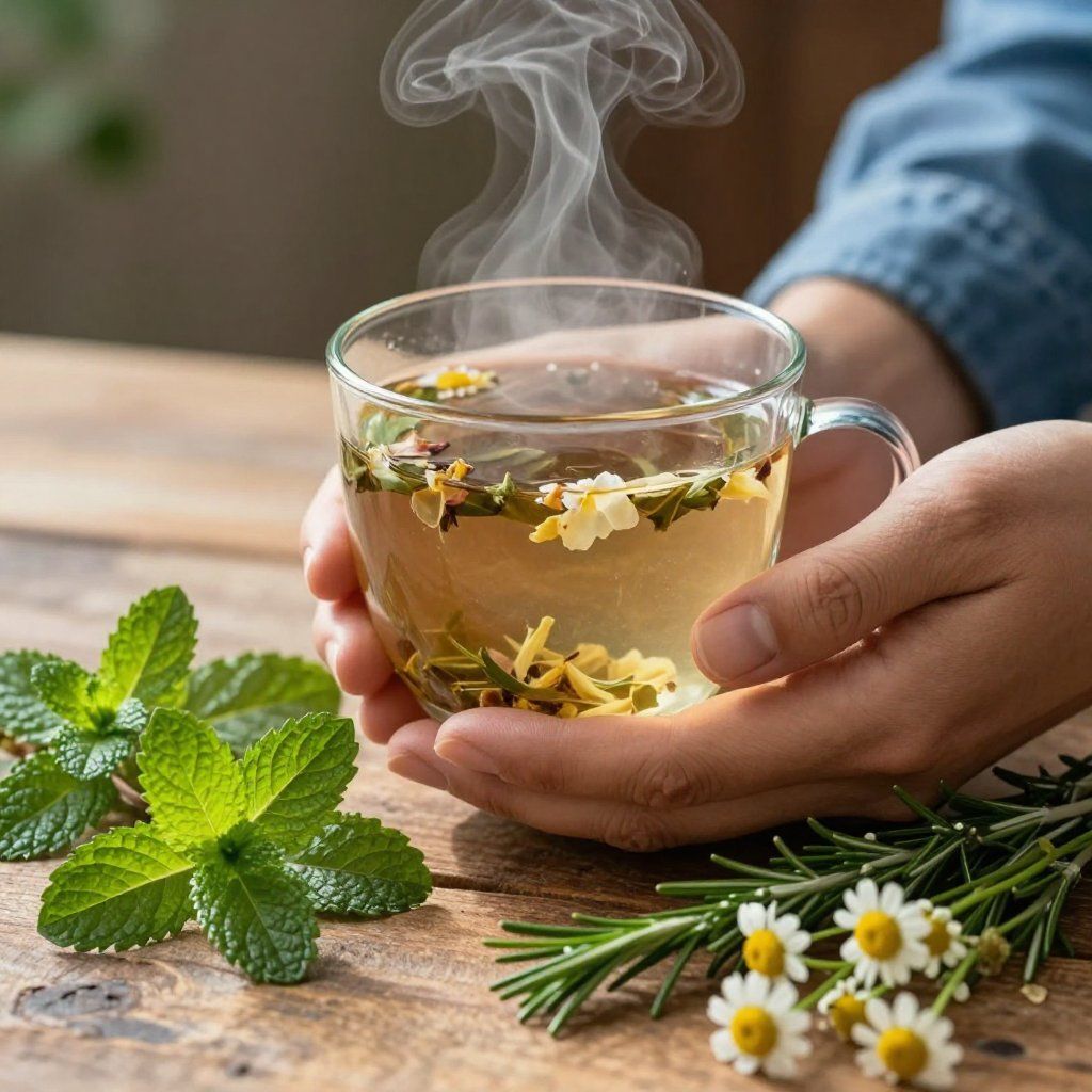 Persona sosteniendo un vaso humeante de té de hierbas, con hierbas y flores cerca.