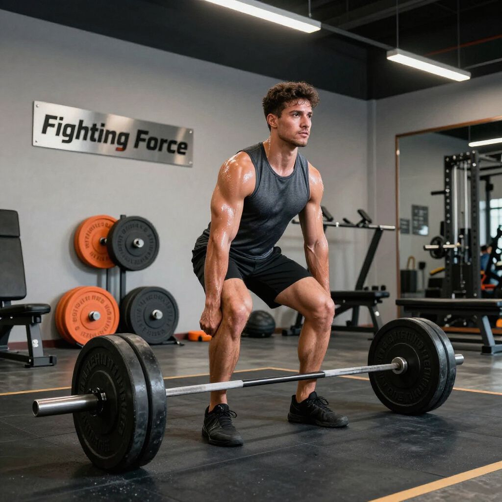 Hombre en el gimnasio haciendo peso muerto con pesas pesadas, luciendo concentrado.